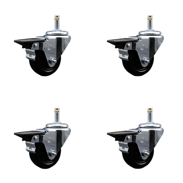 3'' Hard Rubber Wheel Swivel 7/16'' Grip Ring Stem Caster Set with Brake, 4PK